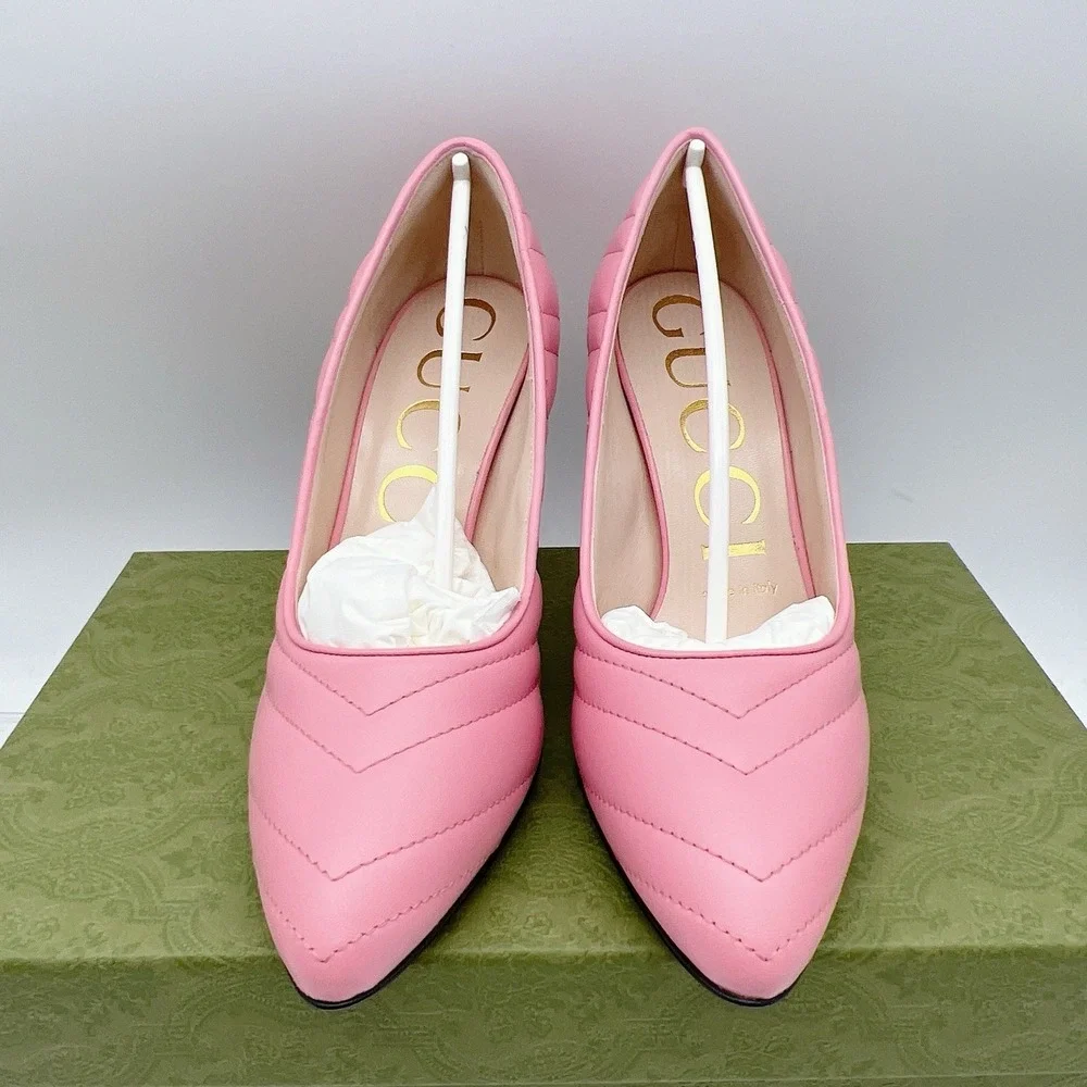 Gucci Chevron Matelasse mini Double G Logo Heel Pumps Pink Leather EU 37.5 - NEW - Picture 6 of 15